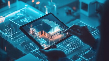 A professional architect reviewing a digital tablet displaying holograms of a futuristic house design, surrounded by glowing blueprints.