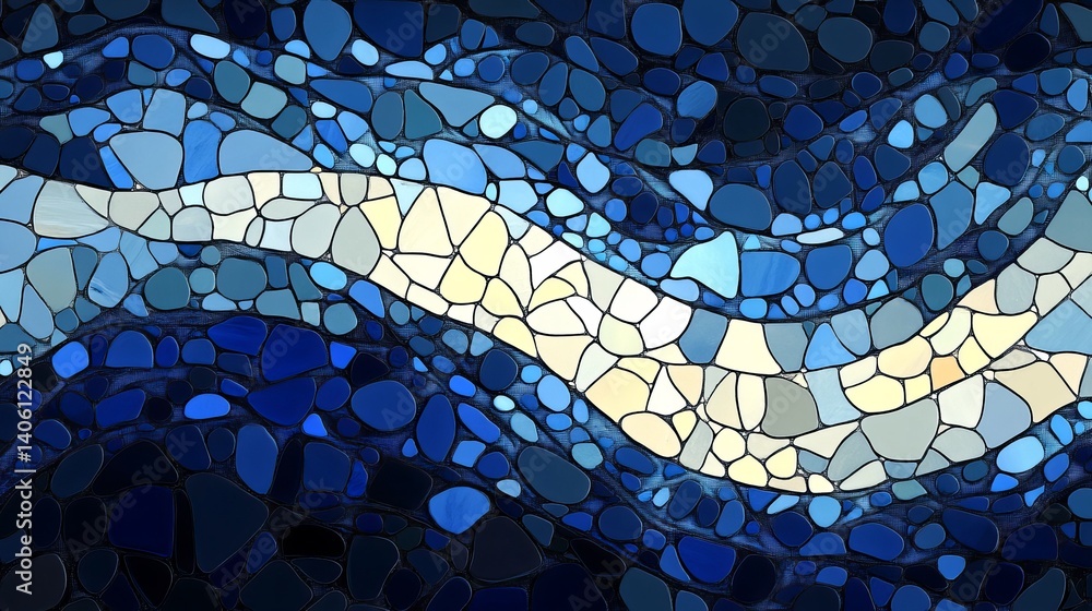 Poster abstract mosaic pattern featuring shades of blue and beige with a wavy design throughout the image
