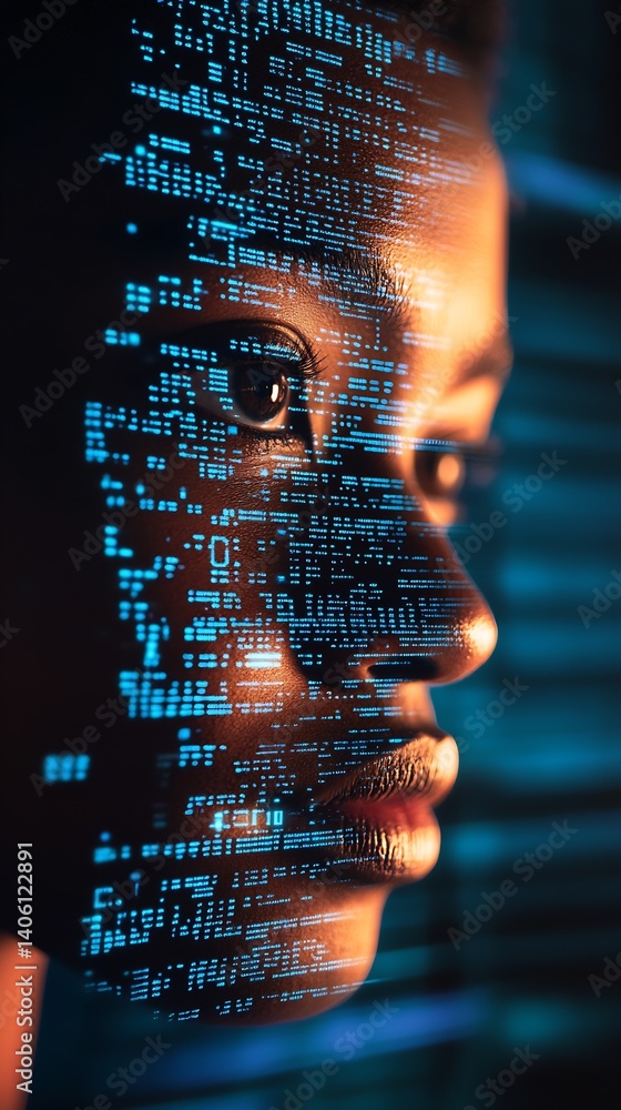 Fototapete Artistic Representation of Digital Data Flowing Over Human Face for Futuristic Concepts and Technology : Generative AI