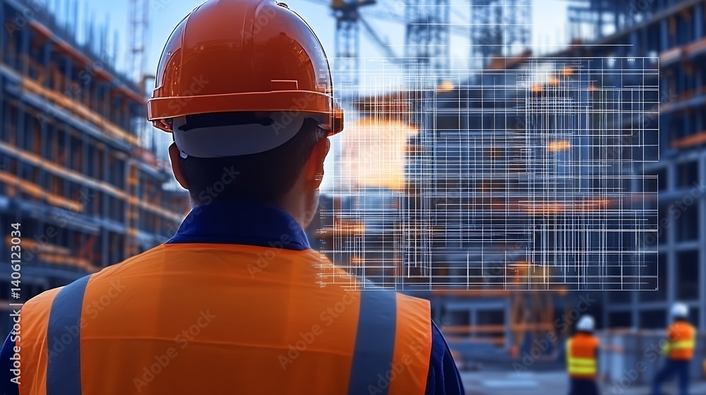 Poster A construction manager observing a building site with digital blueprint overlay indicating project progress : Generative AI