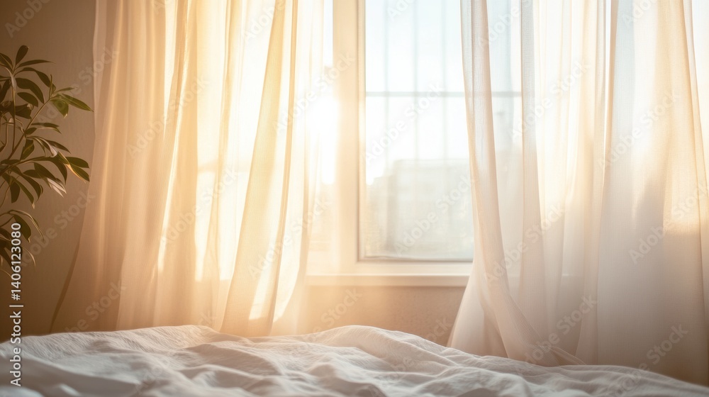 Poster soft sunlight filtering through sheer curtains in a cozy, minimal room creating a peaceful atmospher