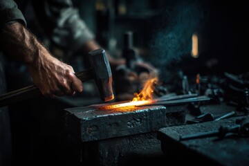 Blacksmith forging metal in workshop with warm tungsten lighting and negative space on left