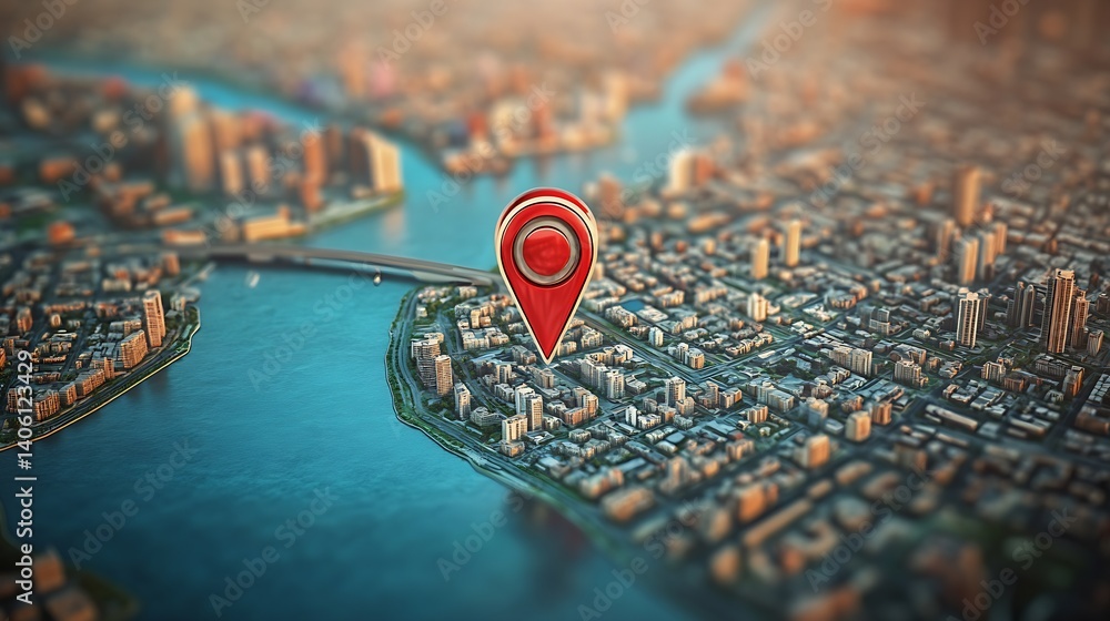 Poster stunning aerial view of a city grid with a prominent location marker signifying urban exploration an