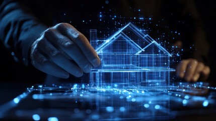 A professional presenting a holographic house model, showcasing real estate technology in a futuristic dark studio environment