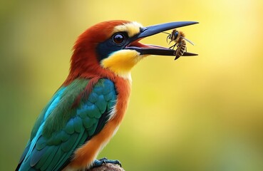 Obraz premium Merops apiaster, European bee-eater bird eats bee. Exotic bird with colorful plumage, vivid wings, sits branch. Focus on eye and bee. Wildlife nature photo.