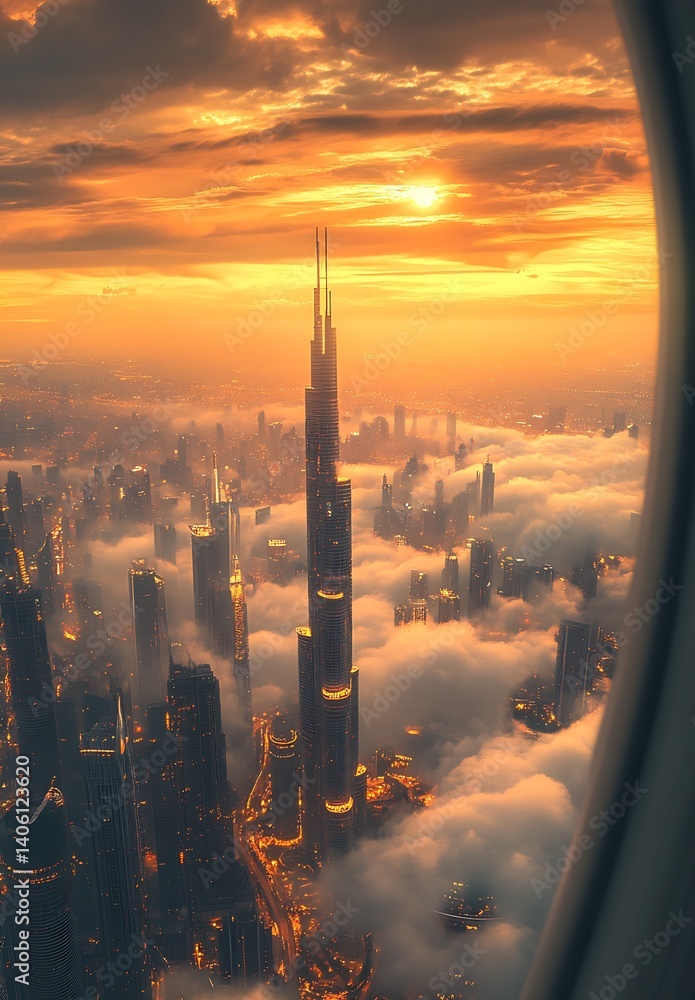 Aufkleber stunning aerial view of a skyscraper with sunset and fog showcasing urban architecture in a cityscap