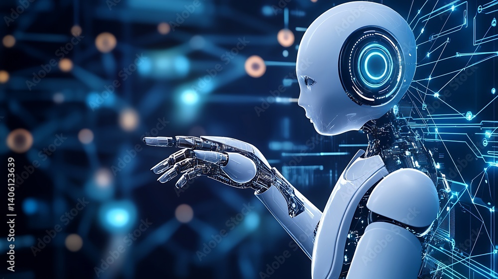Poster Advanced humanoid robot with reflective surface and digital interface representing technology and innovation : Generative AI