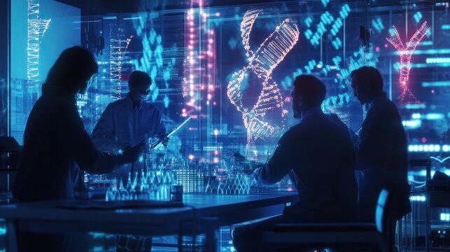 A professional team brainstorming ideas in a biotech lab, surrounded by digital holograms of DNA-based data storage concepts.