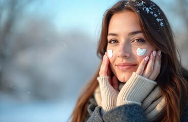Beautiful woman applying face cream. Portrait of pretty girl takes care of skin outdoor snowy background. Skincare, winter season, beauty treatment, cosmetic protection.