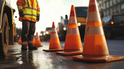 Road worker setting up traffic cones around a construction zone. Featuring traffic management and site safety