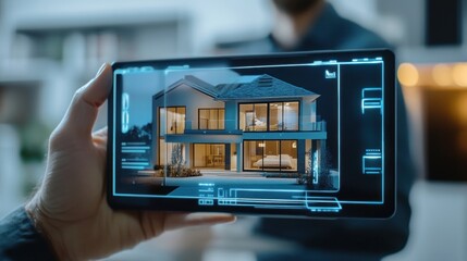 A real estate agent presenting a virtual house tour through a holographic interface to potential buyers.