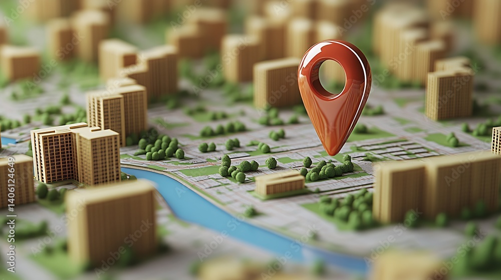 Poster 3d red location pin standing out amidst a scenic city model featuring green areas and buildings : ge