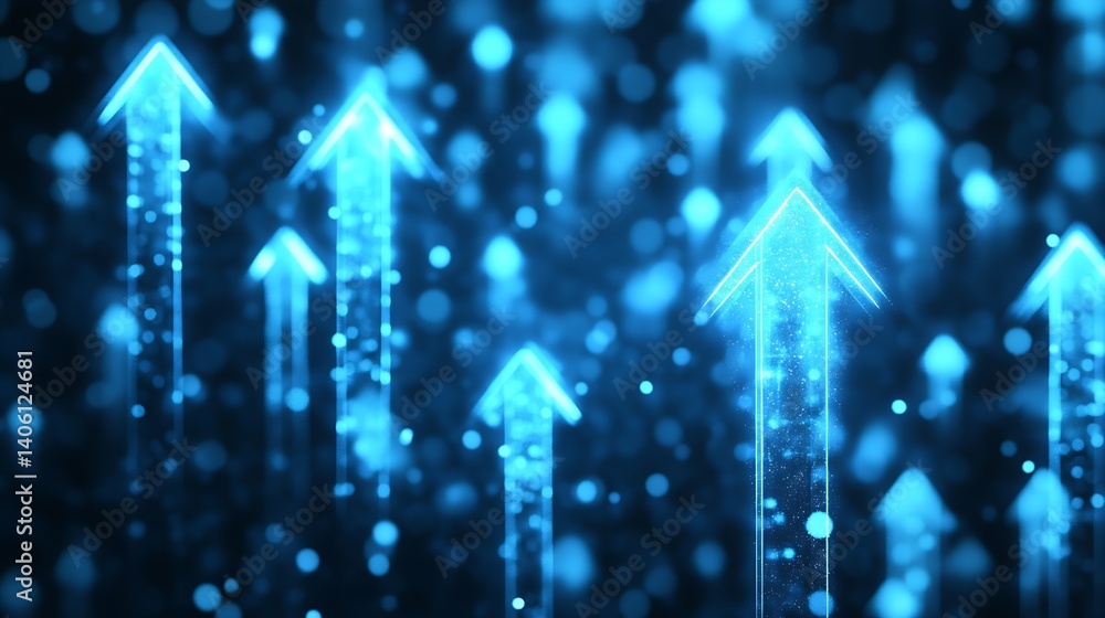 Poster Dynamic blue arrows rising against a bokeh background symbolizing growth and progress : Generative AI