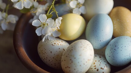 Obraz premium A wooden bowl filled with pastel colored easter eggs and white blossoms in a close up shot view