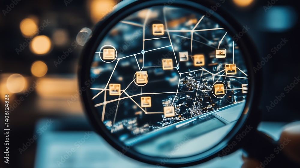 Leinwandbilder magnifying glass revealing a network of digital content and icons representing interconnected data s