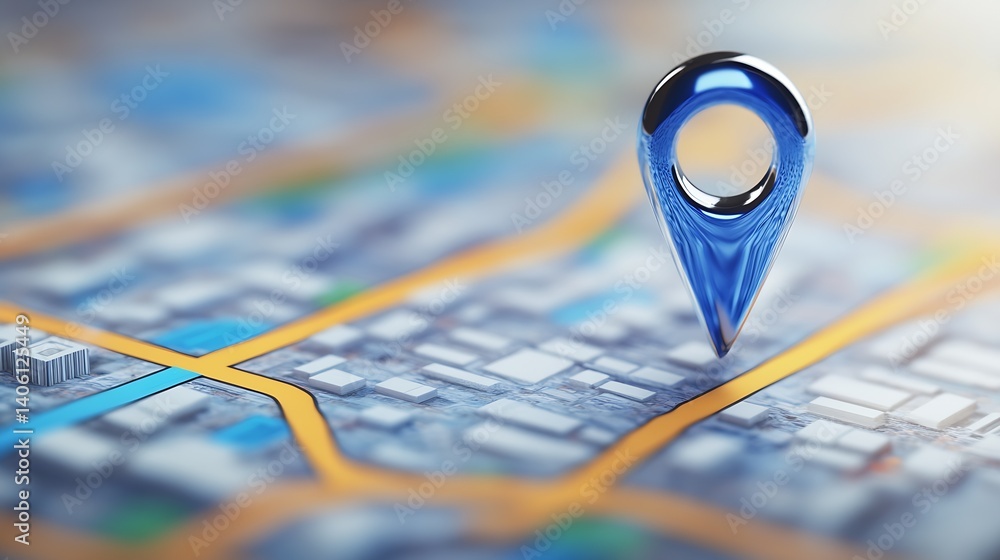 Poster Close-up of a 3D location pin on a digital map displaying urban streets and landmarks for navigation purposes : Generative AI