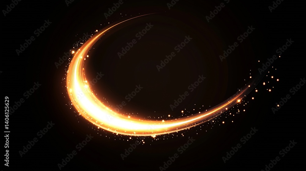 Poster Dynamic swirl of glowing orange particles forming an elegant arc on a black background for creative designs and effects : Generative AI