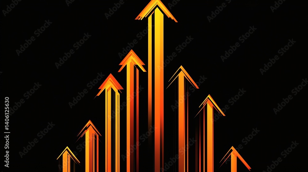 Leinwandbilder Dynamic upward arrows designed in vibrant yellows and oranges emerging from a solid black background : Generative AI