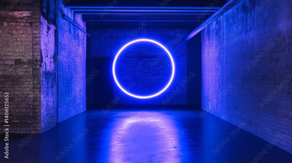 Poster blue neon circle hanging in a dark brick room with a shiny floor creating a reflection of the circle