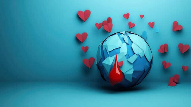 Globe with blue puzzle pieces and red hearts surrounding a blood drop against blue background, symbolizing global awareness of diabetes