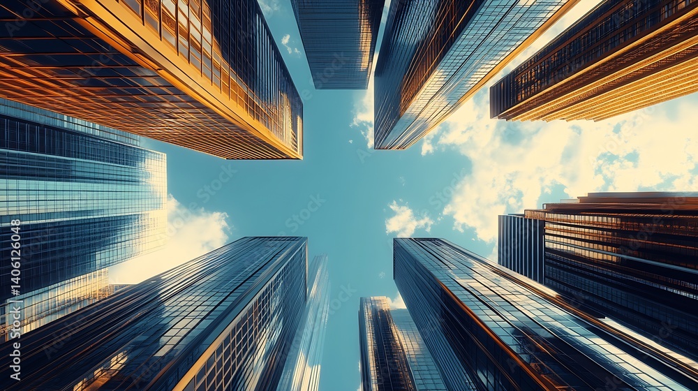 Poster captivating perspective looking straight up at impressive skyscrapers under a beautiful sky : genera