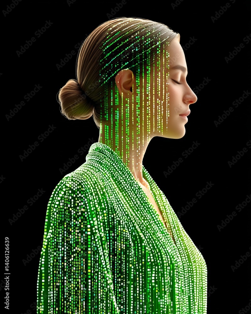 Poster <modern profile of a woman illuminated in green light with futuristic digital code and artificial in
