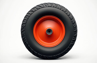 Black inflatable round wheel with red disc for garden wheelbarrow. Close-up shot of rubber tyre and metal rim. Ideal for repair projects, gardening or landscaping. Isolated on white background.