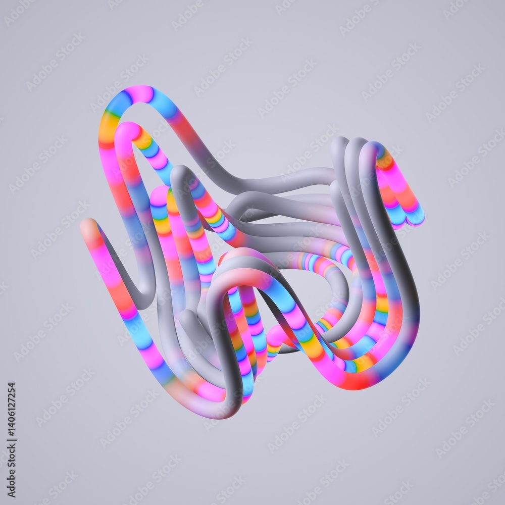 Aufkleber abstract distorted shape made of multicolored tubes, isolated on neutral background. futuristic geom
