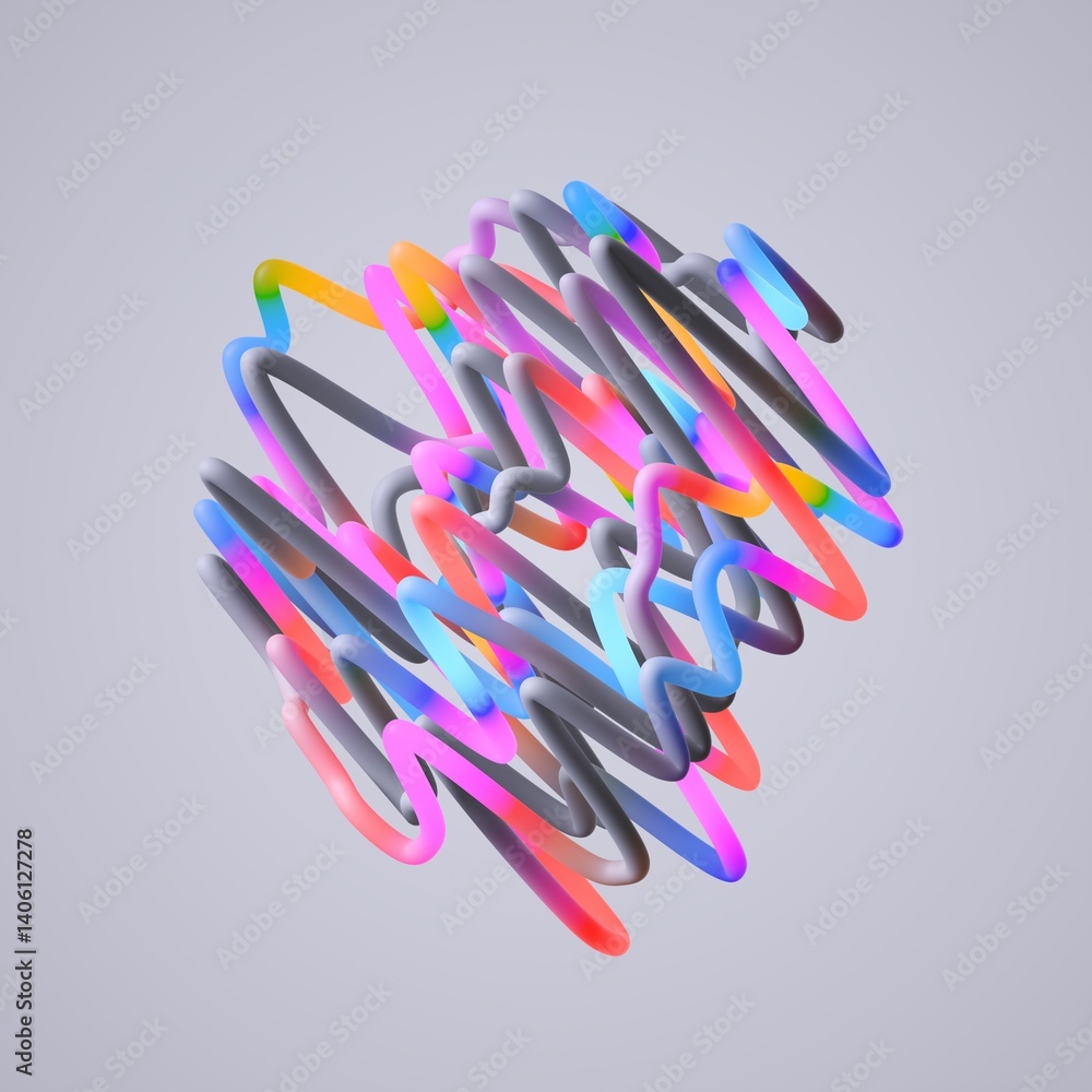 Poster abstract shape made of multicolored curvy tubes, isolated on neutral background. simple geometric ob