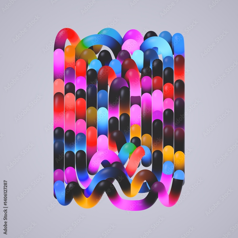 Poster abstract geometric shape made of multicolored curvy tubes, isolated on neutral background. simple ge