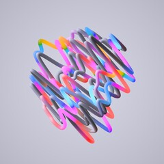 abstract shape made of multicolored curvy tubes, isolated on neutral background. Simple geometric object, tangled lines, 3d render