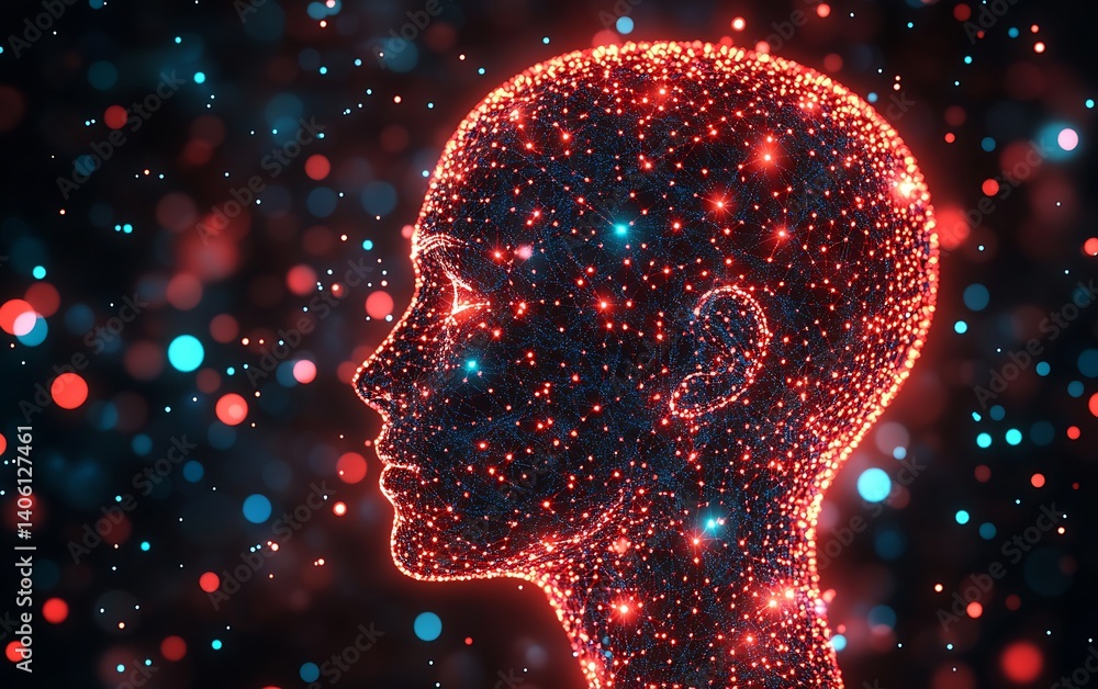 Fototapete Stylish Representation of a Human Silhouette Composed of Interconnected Dots and Luminescent Colors : Generative AI
