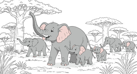 Naklejka premium Happy elephants family exploring nature in a coloring book style 