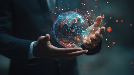 A businessman holding a digital globe with holographic data visuals, symbolizing global connectivity and technological progress in business