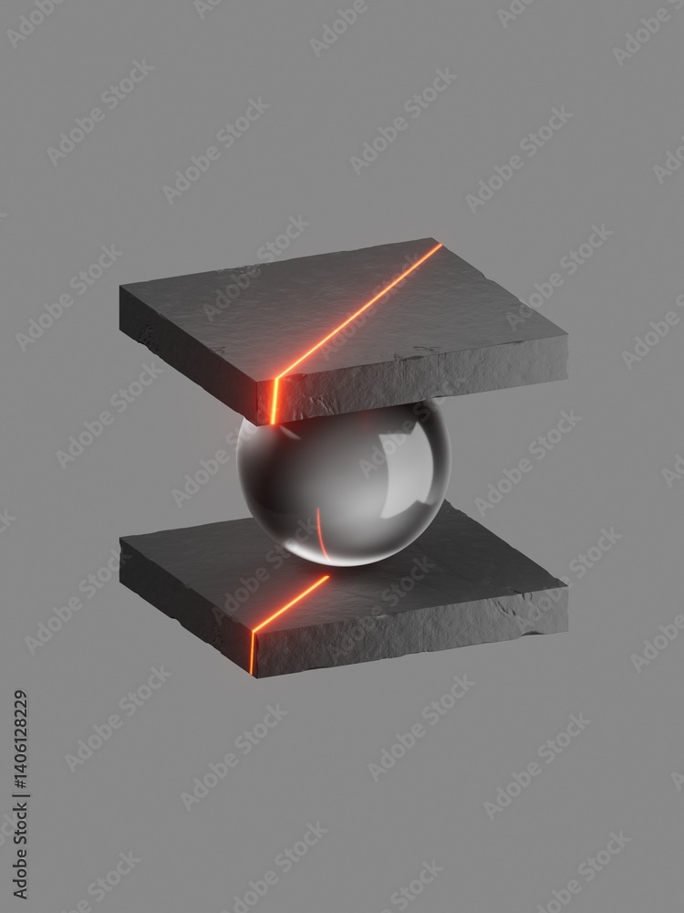 Poster 3d rendering. abstract minimalist composition of geometric objects: ball clamped between two levitat