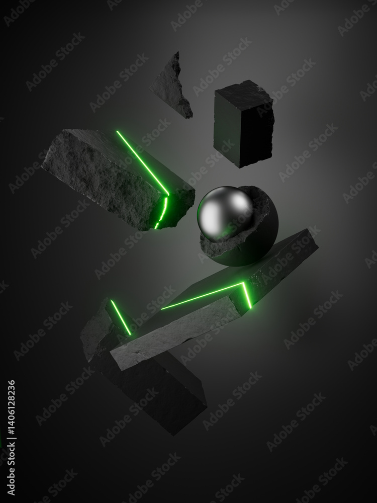 Poster abstract 3d background. geometric objects floating in darkness. metallic ball core inside the broken