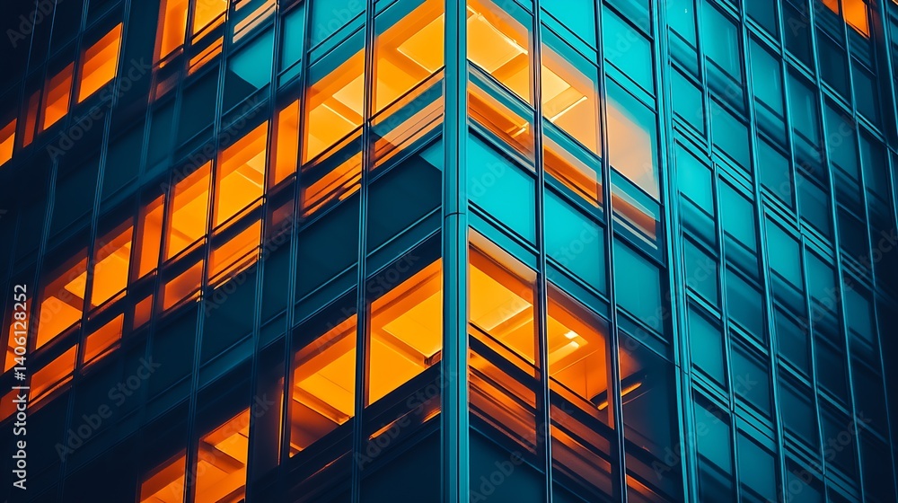 Poster stunning modern building facade with bright illuminated windows against a dark sky background : gene