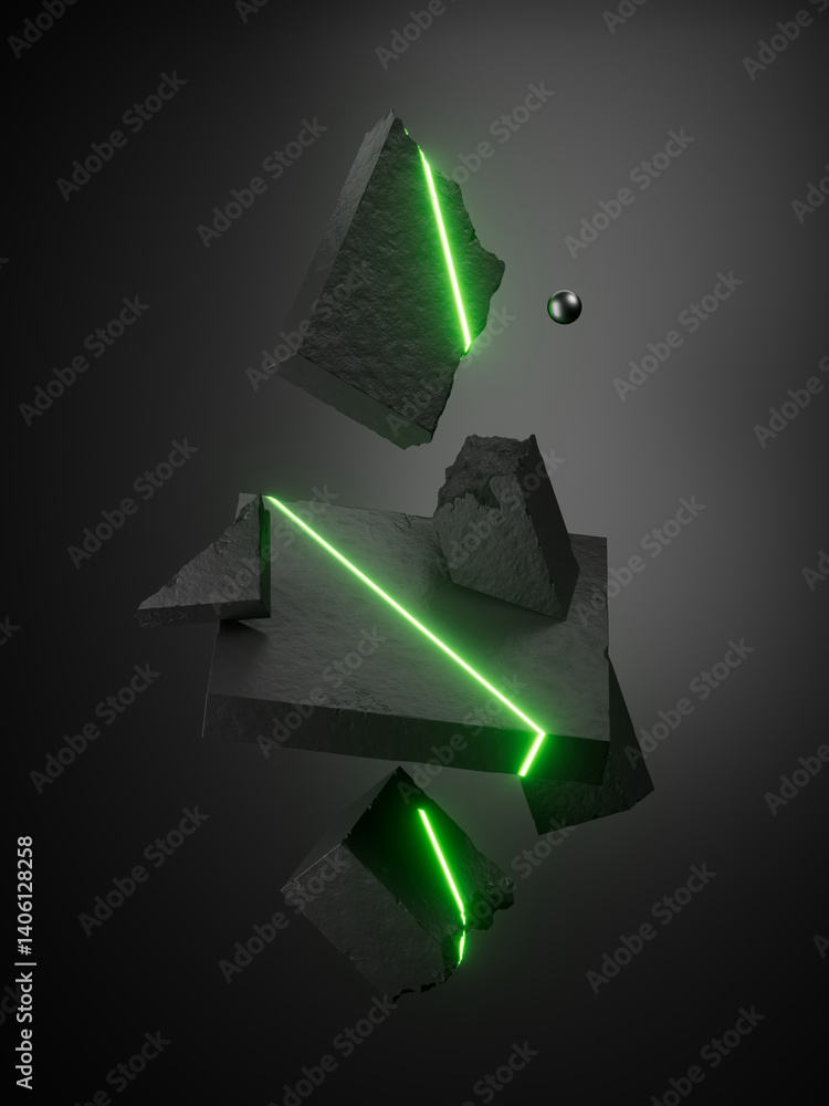 Poster 3d rendering. abstract surreal composition of geometric objects: broken concrete blocks levitating i