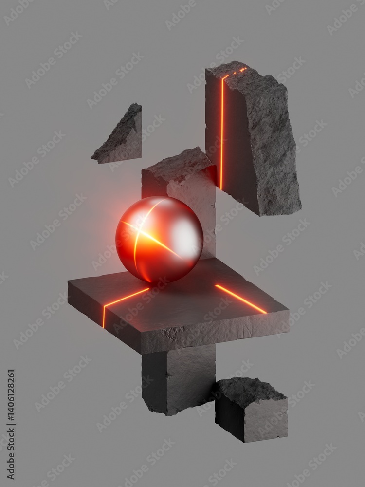 Aufkleber 3d rendering. abstract composition of broken concrete blocks and metallic ball with red neon accent,