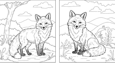 Foxes in a Coloring Page Style Against a Scenic Landscape  