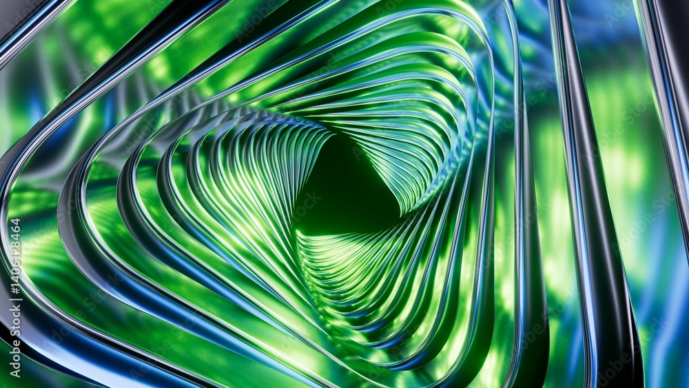 Poster abstract ribbed green glass background. tunnel with a rounded triangular hole at the end. 3d render
