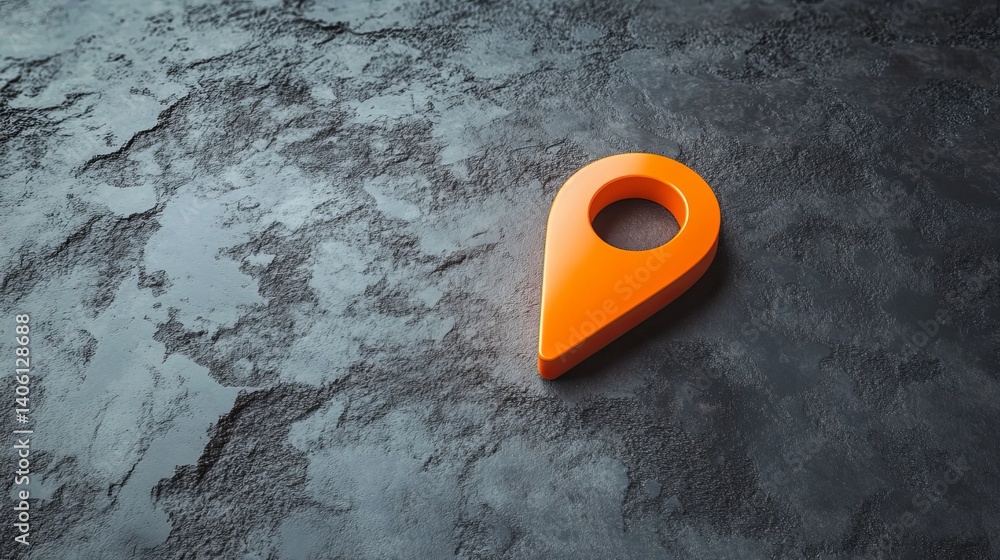Aufkleber an orange location pin on a textured dark grey surface indicating a place on a map or navigation app