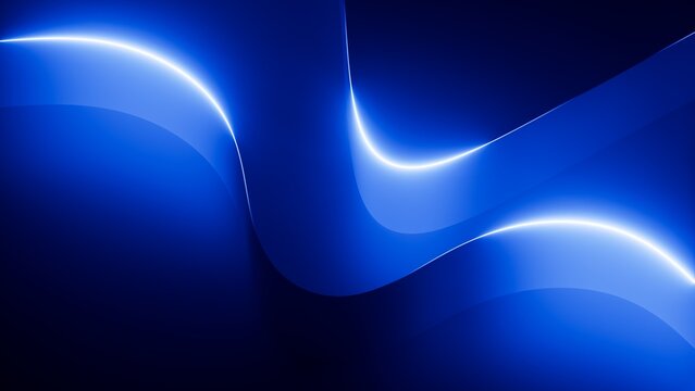 3d rendering. Abstract geometric background. Blue neon light on the edge of the flat curvy ribbons, aesthetic minimalist wallpaper