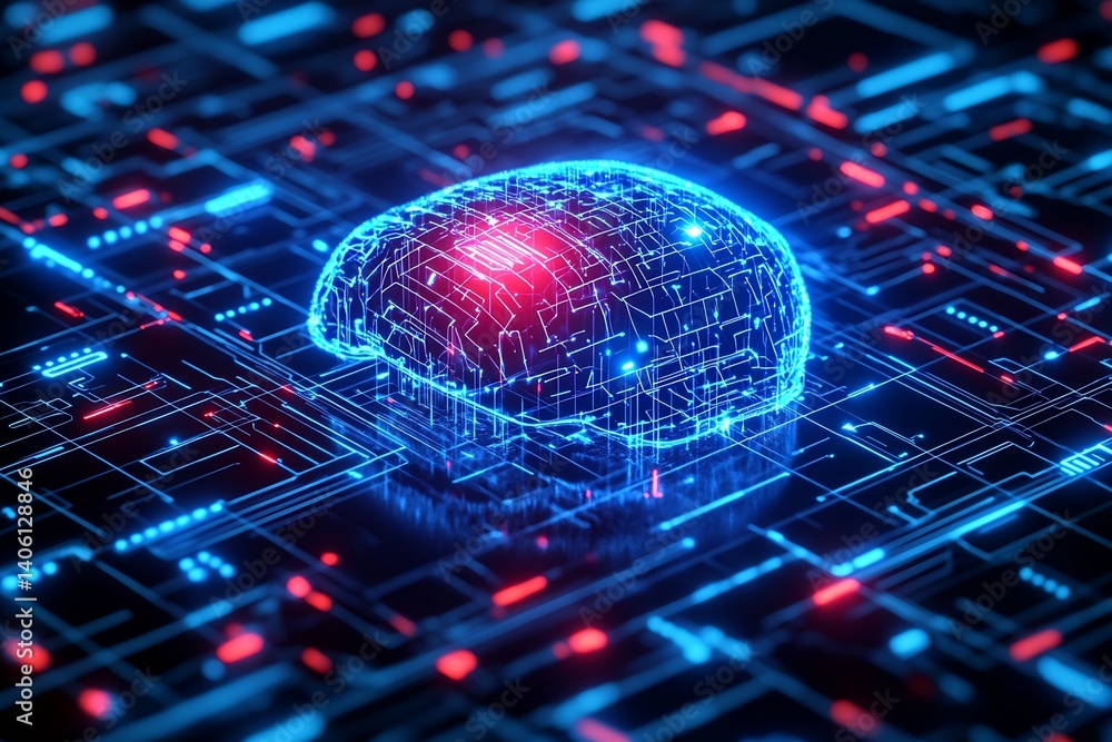Aufkleber Advanced Neon Brain Model Representing Artificial Intelligence Technology in a Digital Environment : Generative AI