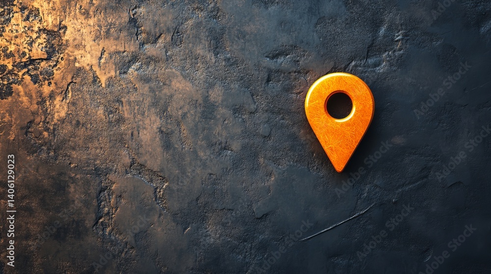 Poster an orange location pin on a dark textured surface with a line pointing to the location pin