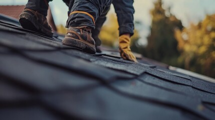 Roofing worker applying sealant to roof edges. Featuring attention to detail and roof maintenance