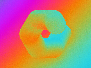 A vibrant abstract design featuring a rounded hexagon shape with gradients of pink, orange, and green hues. Psychedelic art. Film grain effect