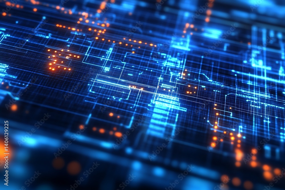 Poster Glowing Blue and Orange Circuit Board Design Representing Advanced Technology Concepts : Generative AI