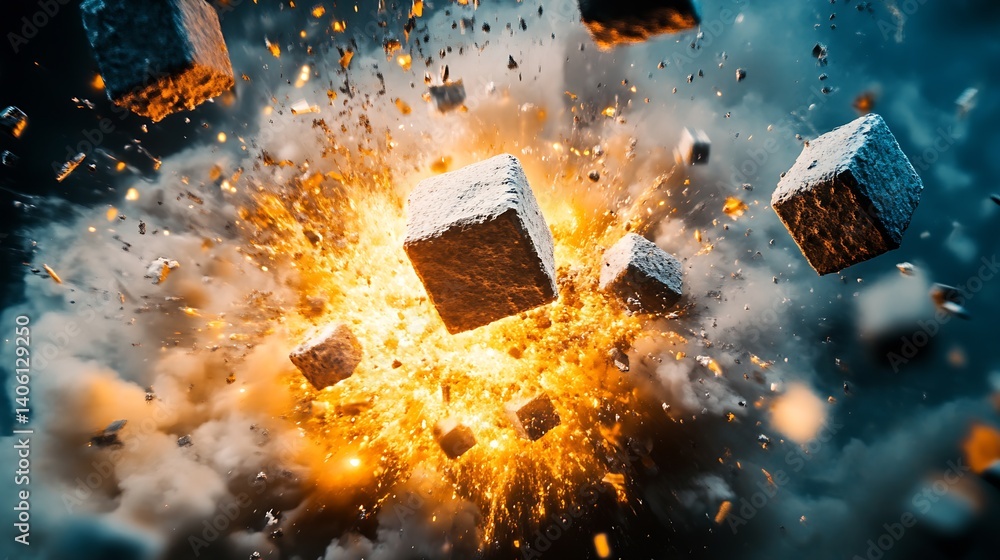 Leinwandbilder powerful burst of rocks and flames representing energy and motion in abstract creative composition :