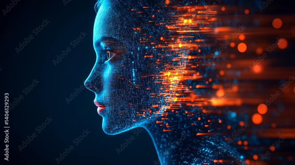 Poster Side Profile of a Futuristic Digital Woman with Glowing Data Streams and Visual Effects : Generative AI